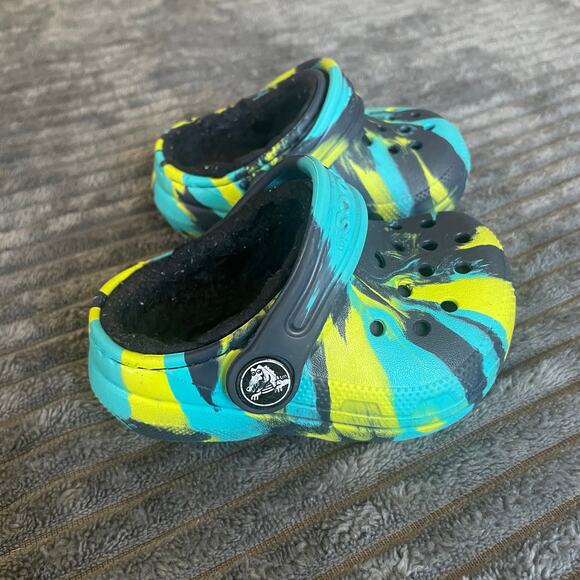 Crocs Classic Lined Clogs Baby Size 4  Multicolor Marbled Blue Navy Yellow - Picture 5 of 8
